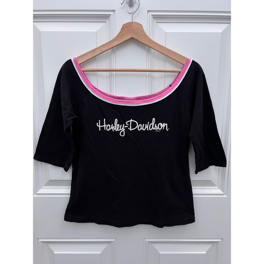 Harley-Davidson Womens Large Black Pink Ringer Scoop Neck 3/4 Sleeve Shirt 2004